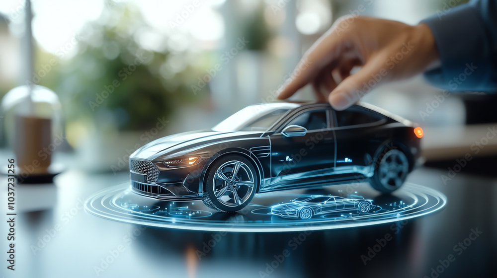 Poster innovative 3d visualization of a futuristic car model with augmented reality technology in a modern 