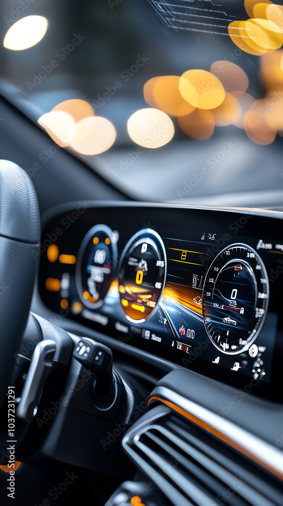 Poster innovative dashboard design showcasing modern automotive technology with dynamic lighting effects an