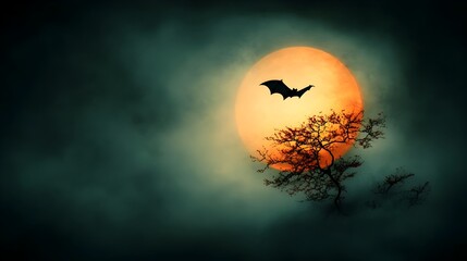 Bats Soaring Through the Dramatic Moonlit Mist Shrouded Forest Landscape   Silhouettes of Bats Swooping Against the Harvest Moon in a Gloomy Atmospheric Gothic Setting