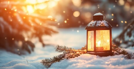 Christmas Lantern on Snow with Fir Branch in Sunlight. AI generated illustration.