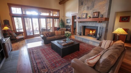 Cozy living room with a stone fireplace and large windows overlooking nature.