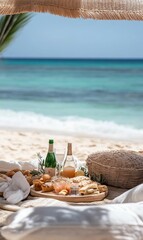 Beach picnic with champagne, snacks, and wicker basket.