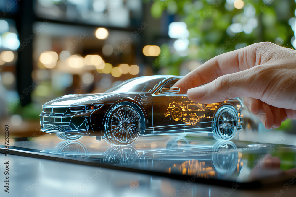 Poster innovative car model visualization merging technology with design through interactive holography