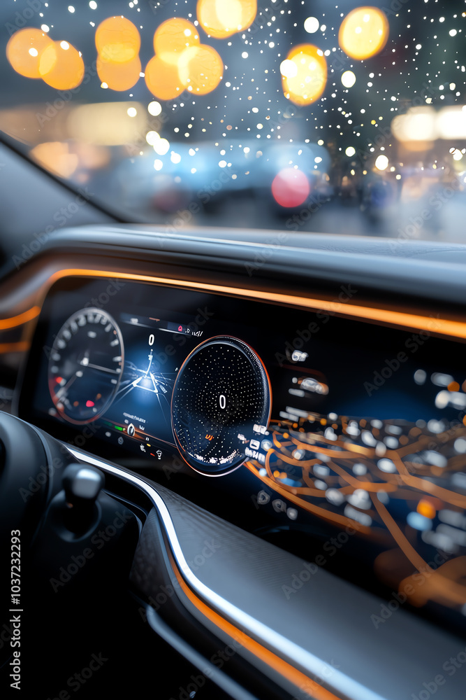 Poster exploring the futuristic dashboard of a modern vehicle with raindrops on the window and city lights 