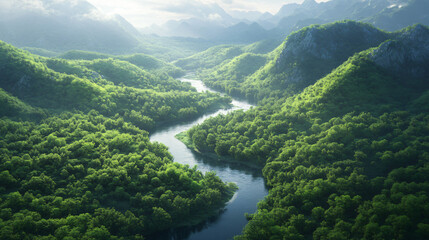 A river meandering through lush hills, offering breathtaking views of the surrounding landscape.