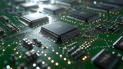 Obraz premium Close-up of a circuit board with multiple microchips.