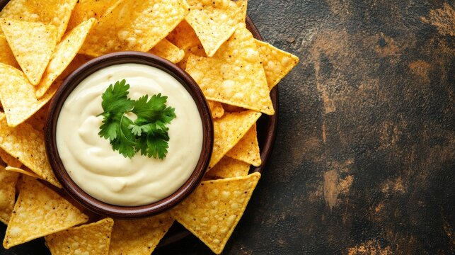 Crispy corn chips surround savory cheese sauce garnished with fresh herbs, ideal for sharing or satisfying a snack craving. Generative AI