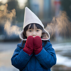 A young girl wearing red mittens blowing on her hands in the cold.