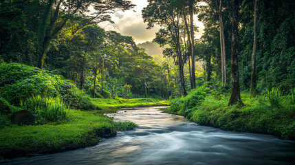 Obraz premium A river meandering through a lush forest, surrounded by tall trees and vibrant greenery.