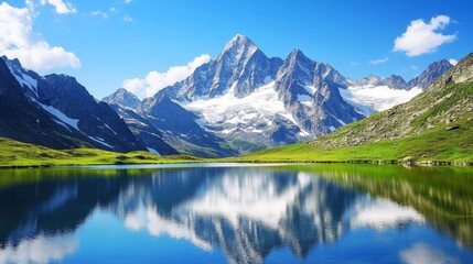 Naklejka premium A majestic mountain summit covered in snow, with clear alpine lakes reflecting the surrounding peaks, Mountain scene