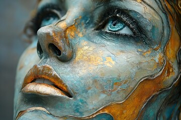 Close-up of a painted face with intricate designs and vibrant colors.