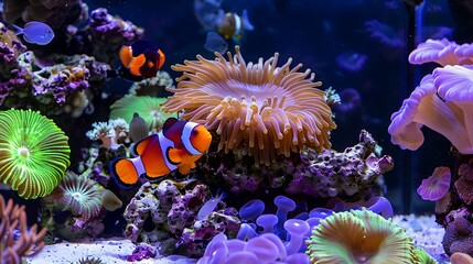 Fototapeta premium A colorful coral reef where anemones and clownfish coexist