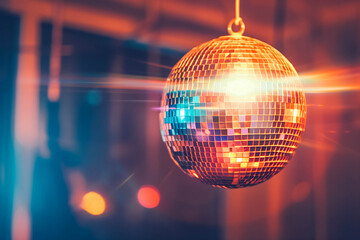 Fototapeta premium Shiny colorful disco ball with lights, with copy space.