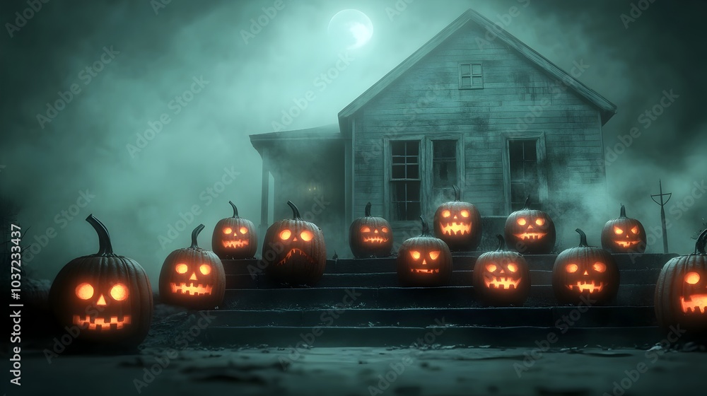 Poster eerie carved jack o lanterns with glowing eyes and unsettling expressions lining the steps of a haun