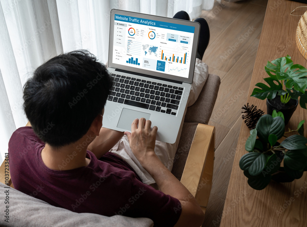 Poster computer software for website traffic analytics data on computer screen. concept of seo search engin