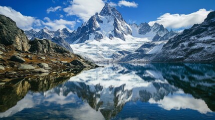 Fototapeta premium A majestic mountain summit covered in snow, with clear alpine lakes reflecting the surrounding peaks, Mountain scene