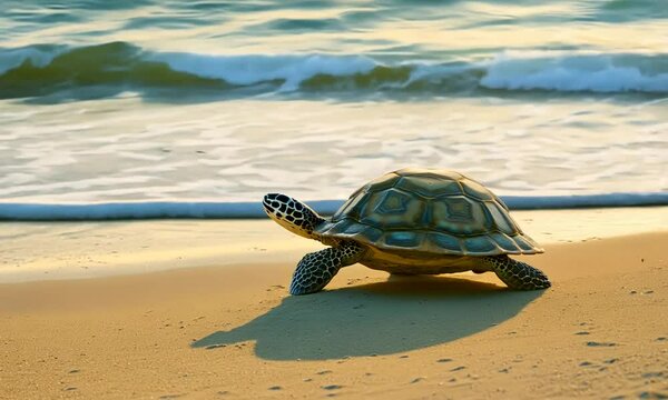Kura kura berjalan di pantai pasir putih 