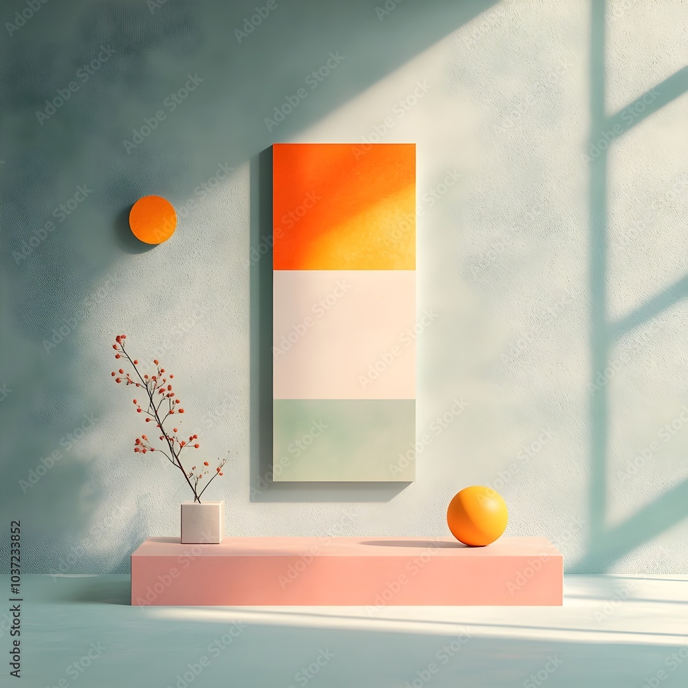 Poster chromatic 3d studio display platform showcasing an interplay of shadows and highlights on a sunlit s