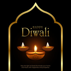 Happy Diwali Celebration Background. Diwali Festival Of Lights Banner with Diya Vector Illustration. Happy Diwali Social Media Post Template.
