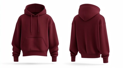 Maroon hoodie mockup showing both front and back views 3D rendering of an empty crewneck hooded sweatshirt isolated for a loose overall fabric jumper. Generated by AI.