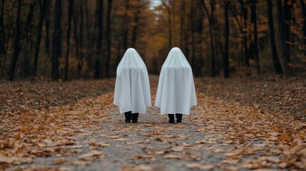 Two figures in ghost costumes walking down a leaf-covered path in autumn.