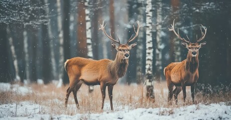 Fototapeta premium Deers in Forest During Winter Season. AI generated illustration.
