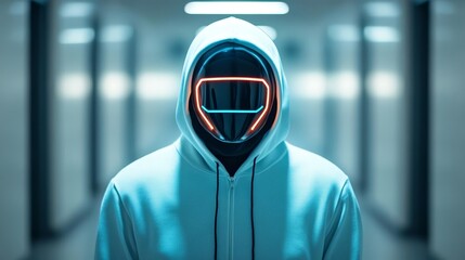 Masked figure in a hoodie with neon lights, lurking in a dimly lit corridor, evoking themes of cyber warfare and hidden identities, hacker persona, dark web