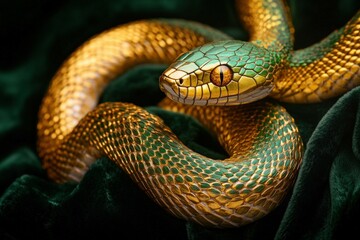 Golden and green snake is coiled on a green velvet background, representing the snake zodiac symbol for the year 2025
