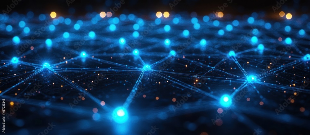 Aufkleber a digital network visualization with glowing blue nodes and connections on a dark background.
