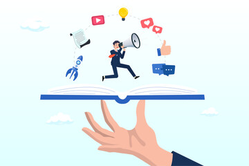 Storytelling communicate brand story or idea to listener, narrative message, content or article writing or advertising creativity concept, young man on opening book telling story on megaphone