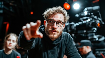 Creative professional engaging in discussion in a dimly lit studio setting at night