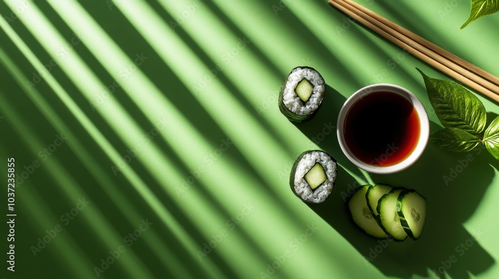 Poster Delicious sushi rolls filled with cucumber sit beside a small bowl of soy sauce and fresh cucumber slices on a colorful backdrop. Generative AI