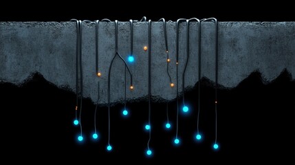 Wires with glowing bulbs hanging from a wall, dark isolated background.