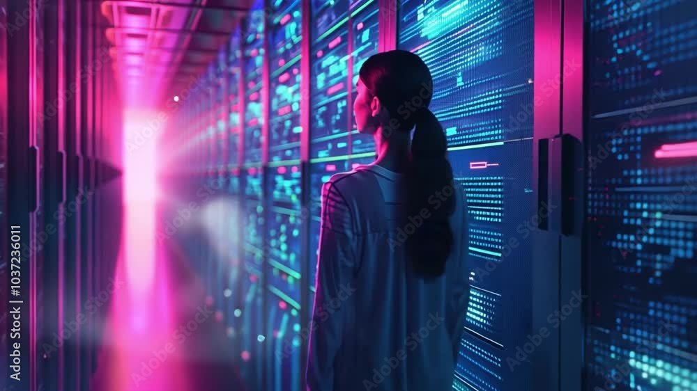 Leinwandbilder A woman stands in awe as she observes a futuristic data center illuminated by colorful lights and digital patterns, showcasing advanced technology and innovation.