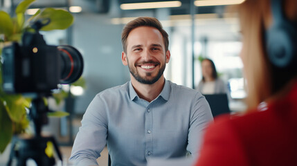 Obraz premium Businessman Interview with Female Journalist in Modern Office