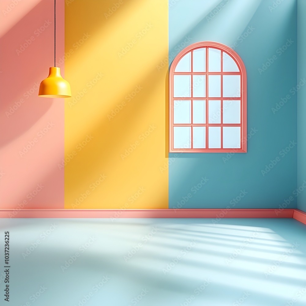 Poster chromatic 3d studio with sparse floors and walls dramatic window lighting and radiant product mockup