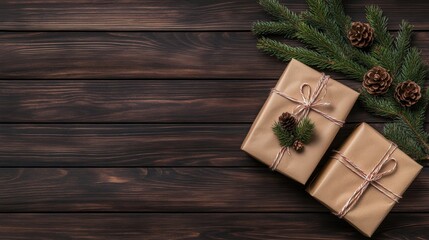 Wrapped gifts with pine cones and greenery on a rustic wooden surface.