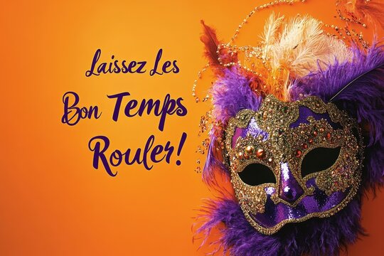 Purple and gold mardi gras mask with feathers is lying on an orange background with the french saying laissez les bon temps rouler