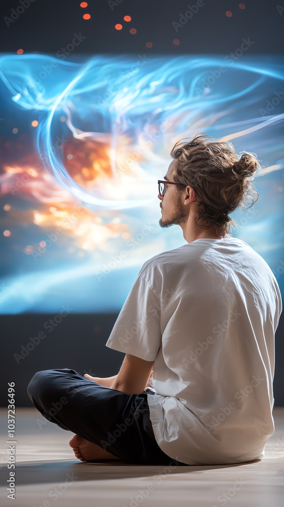 Poster a contemplative moment exploring the intersection of mindfulness and digital art in a modern setting