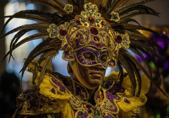 Obraz premium Man dressed up in an elaborate costume and mask participates in the mardi gras festivities