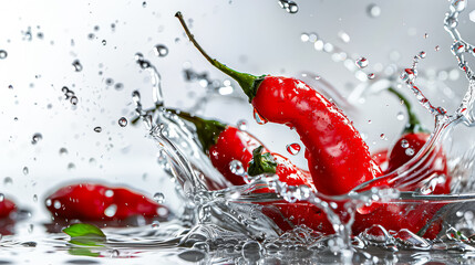 Bunch of red peppers are in a pool of water. The peppers are floating on the water and the water is splashing around them