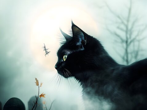 A stealthy black cat stalking through a fog shrouded graveyard on Halloween its lithe feline form silhouetted against the full moon its eyes shining with an otherworldly light