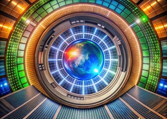 Naklejka premium Futuristic Circular Technology Background with Grid Structure and Particle Elements for Creative Projects