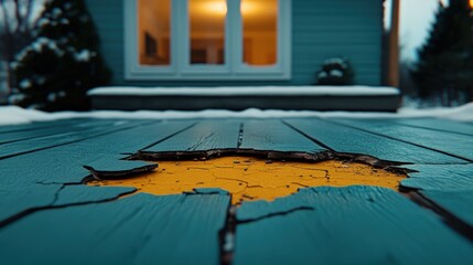 A cracked blue wooden deck revealing a yellow spot, winter setting.