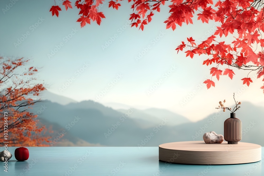 Poster harmonious autumn showcase elegant crimson maple foliage cascading on a wooden pedestal displayed on