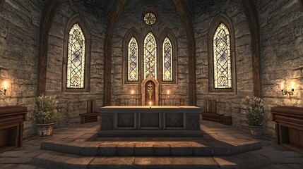 Obraz premium A stone altar sits in the center of a chapel with stained glass windows and candles.