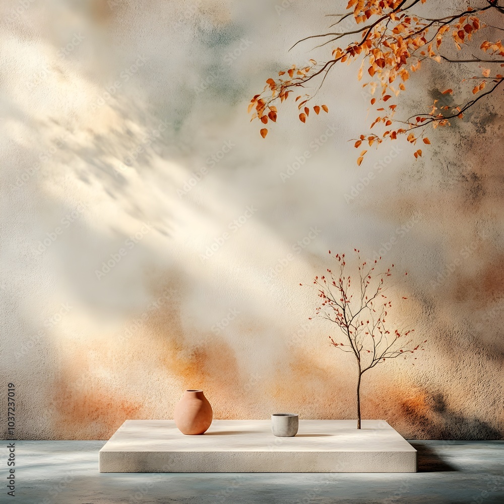 Poster contemporary 3d studio setting featuring a smooth marble wall and ground a central product showcase 