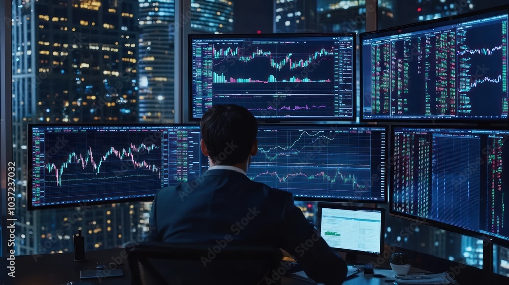 Poster a trader analyzes market data on multiple screens in a city office at night.