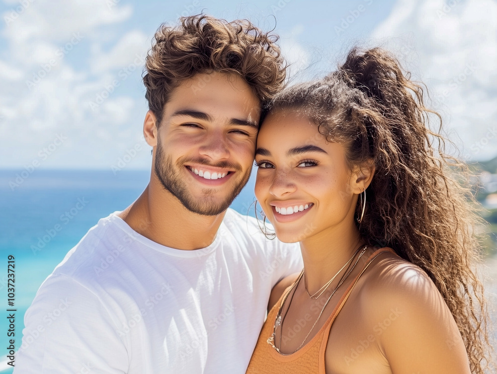 Wall mural Romantic couple smiling and cuddling on a sunny day 