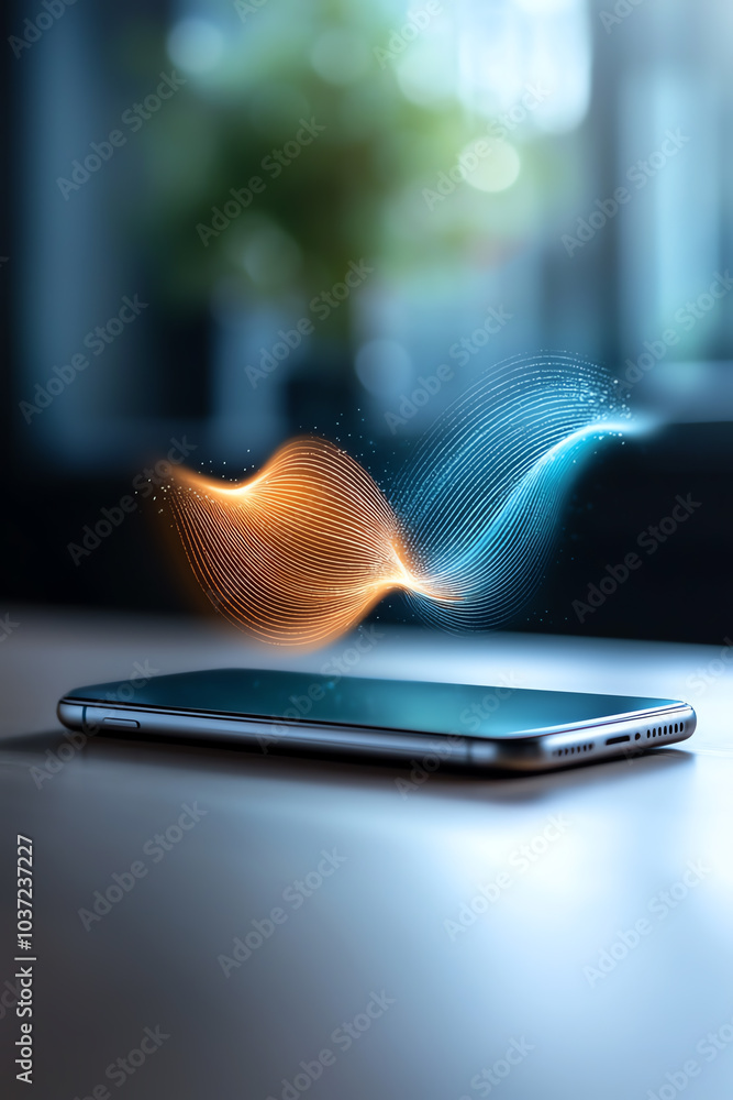 Poster innovative sound waves emanating from a smartphone exploring the intersection of technology and audi